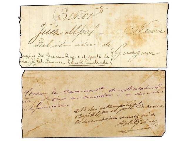 COLOMBIA. 1879. Dos Plicas Judiciales Circuladas Con Indicacion Manuscrita De Pago Del Correo En Metalico Por Falta De S - Autres & Non Classés