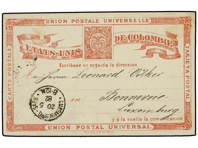 COLOMBIA. 1882. BOGOTA A LUXEMBURGO. Entero Postal De 2 Ctvos. Rojo, Llegada En El Frente. Rara Destinacion. - Autres & Non Classés