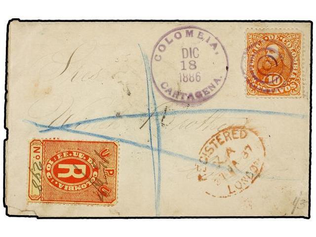 COLOMBIA. Yv.87. 1886. CARTAGENA A INGLATERRA. 10 Ctvos. Naranja Y Sello De Certificados De 10 Cts. Rojo. Muy Bonita. - Autres & Non Classés