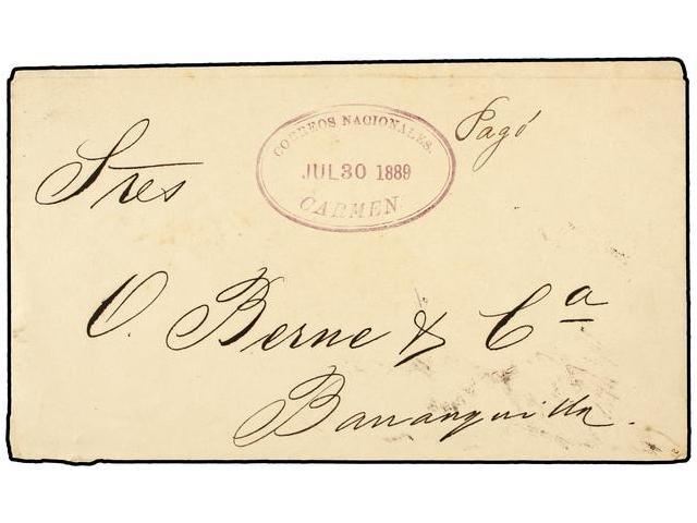 COLOMBIA. 1889. CARMEN A BARRANQUILLA. Manuscrito ´Pago´ Y Fechador Ovalado De CARMEN Indicando El Pago En Metalico Del - Autres & Non Classés