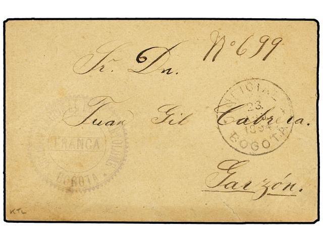 COLOMBIA. 1894. BOGOTA A GARZON. Marca COLEGIO NACIONAL DE S. BARTOLOME/FRANCA Y Fechador OFICIAL/BOGOTA. - Autres & Non Classés