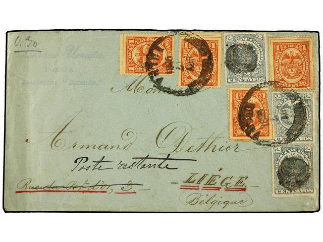 COLOMBIA. Sc.148 (4), 150 (3). 1895. TULUA A BÉLGICA. 1 Ctvo. Naranja (uno Defecto) (4) Y 2 Ctvos. Verde (3), Al Dorso L - Autres & Non Classés