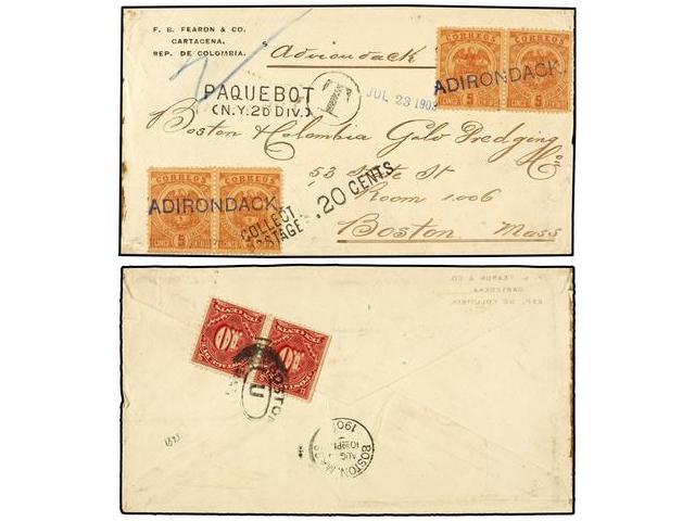 COLOMBIA. Sc.163 (4). 1903. CARTAGENA A BOSTON (Usa). 5 Ctvos. Castaño Rojo (4), Mat. Lineal ADIRONDACK De La Compañía A - Autres & Non Classés