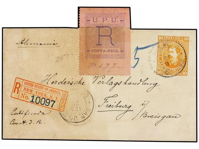 COSTA RICA. 1889. SAN JOSÉ A ALEMANIA. Entero Postal De 10 Ctvos. Naranja Con Etiqueta De Certificados (pegada A Caballo - Autres & Non Classés