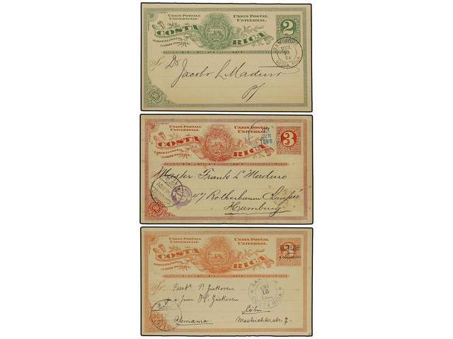 COSTA RICA. 1892-1906. Tres Enteros Postales De 2 Cts. Verde, 3 Cts. Rojo Y Habilitado Para El Exterior 4 Cts. S. 3 Cts. - Autres & Non Classés