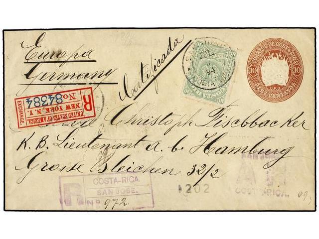 COSTA RICA. Sc.38. 1894. SAN JOSÉ A ALEMANIA. Entero Postal De 10 Ctvos. Castaño Con Franqueo Adicional De 10 Ctvos. Ver - Autres & Non Classés