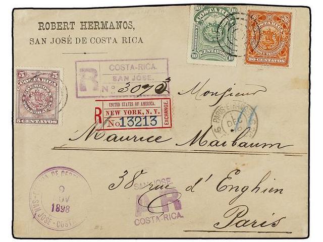 COSTA RICA. 1898. S. JOSE A PARÍS. 5 Cts. Lila, 10 Cts. Verde Y 20 Cts. Rojo. Carta Certificada. MAGNÍFICA. - Autres & Non Classés