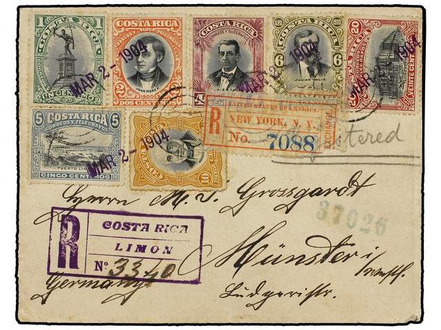 COSTA RICA. Sc.46/49, 55/56. 1904. LIMON A ALEMANIA. Carta Certificada, Espectacular Franqueo, Al Dorso Llegada. - Autres & Non Classés