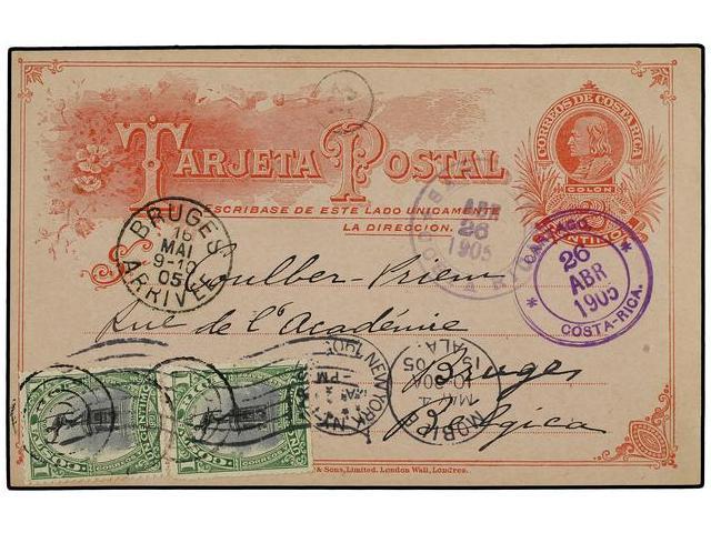 COSTA RICA. 1905. CARTAGO A BÉLGICA. Entero Postal De 2 Cts. Rojo Con Franqueo Adicional De 1 Cto. Verde Y Negro (2), Ll - Autres & Non Classés