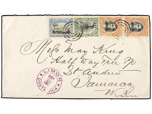 COSTA RICA. 1907. LIMON A JAMAICA. 1 Ctvo., 2 Ctvos.(2) Y 5 Ctvos., Llegada Al Dorso. MAGNÍFICA. - Autres & Non Classés