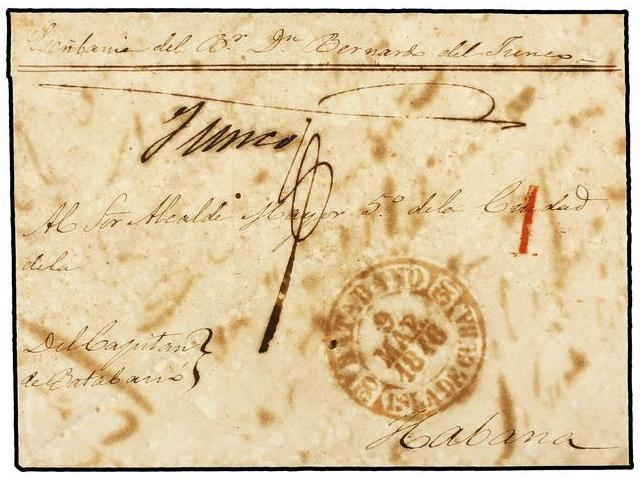 CUBA. 1846. BATABANO A HABANA. Fechador BATABANO/ISLA DE CUBA En Rojo. Bonita Y No Reseñada En Este Color. - Autres & Non Classés