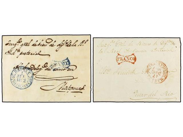 CUBA. 1847-52. 2 Cartas Con Fechadores HABANA/ISLA DE CUBA Y FRANCO General En Azul Y Rojo. - Autres & Non Classés