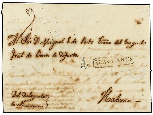 CUBA. 1849. ALACRANES A HABANA. Envuelta (falta Una Solapa Del Dorso). Marca Lineal ALACRANES En Negro (nº 2). - Autres & Non Classés