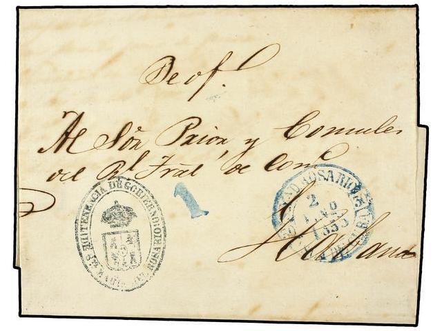 CUBA. 1855. STA. MARIA DEL ROSARIO A HABANA. Fechador S. MA. D. ROSARIO/ISLA DE CUBA En Azul Y Marca Ovalada Administrat - Autres & Non Classés