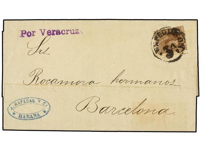 CUBA. Ed.102F. 1887. HABANA A BARCELONA. 10 Cts. Castaño FALSO POSTAL. Mat. EXPEDICION/3A. MUY RARO Matasellos Y Mas Sob - Other & Unclassified