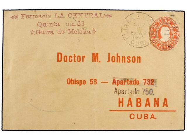 CUBA. 1899 (Nov.). GUIRA DE MELENA A LA HABANA. Circulada Con Sello De 2 Ctvos. Rosa Recortado En Un Entero Postal Y Usa - Autres & Non Classés