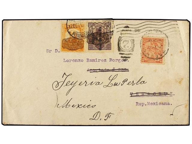 CUBA. Sc.254. 1916. Cover From HAVANA To VERA CRUZ (Mexico) Franked By 1914 Map 2c. Carmine Tied By Duplex; Re-addressed - Autres & Non Classés