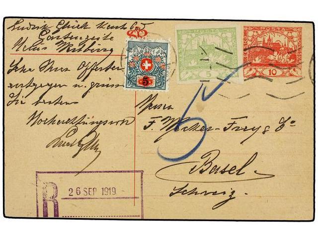 CHECOSLOVAQUIA. 1919. Postal Stationary Card Of 10 Cts. Red Uprated With Yellow Green 5 Cts. Stamp. Taxed On Arrival Wit - Autres & Non Classés