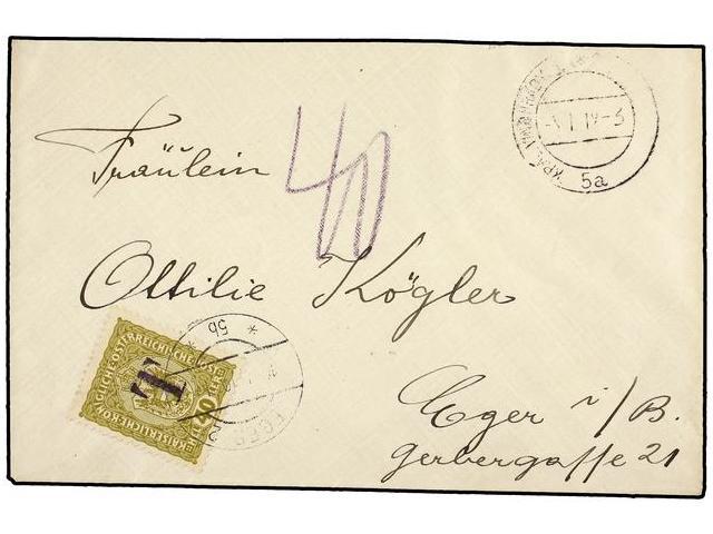 CHECOSLOVAQUIA. 1919. Envelope To EGER (Cheb) Without Stamps, Taxed On Arrival With Provisional Austria 40 Heller Olive - Autres & Non Classés