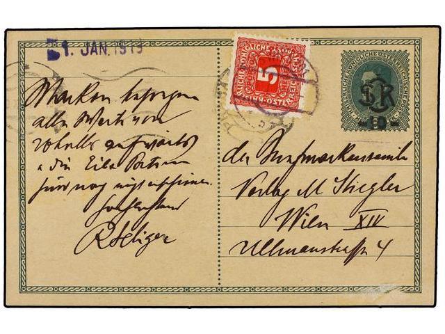 CHECOSLOVAQUIA. 1919. PRAGA A VIENA. Entero Postal De Austria Sobrecargado SOR 10 S. 8 H. Verde, Tasado A La Llegada Con - Autres & Non Classés