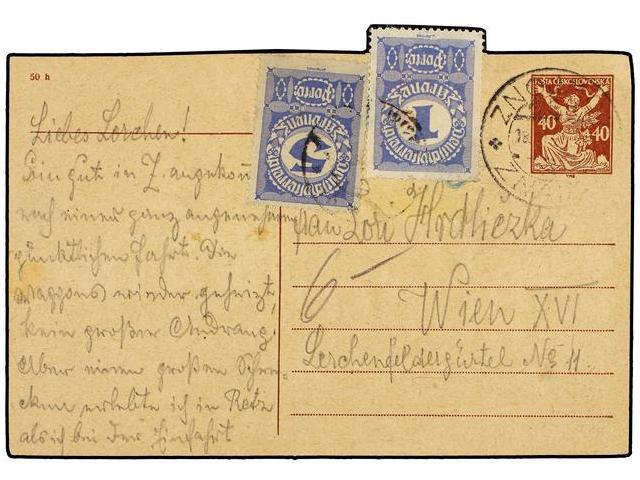 CHECOSLOVAQUIA. (1920 Ca.). 40 H. Brown Postal Stationary Card Send To WIEN, Taxed On Arrival With Austrian 1 Kr. And 2 - Autres & Non Classés