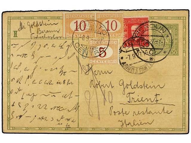 CHECOSLOVAQUIA. 1927. ZBEROUN To ITALY. 50 H. Green Card Uprated 1 Kr. Red Stamp. Taxed On Arrival With Italian 5 Cents. - Autres & Non Classés