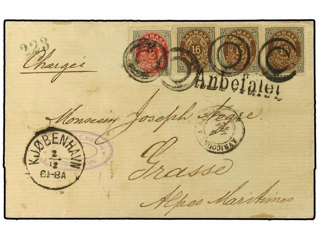 DINAMARCA. 1881. Registered And Charged Envelope To France Bearing 8 Ore Red And Grey (Yvert 24) And 16 Ore Brown And Ol - Autres & Non Classés
