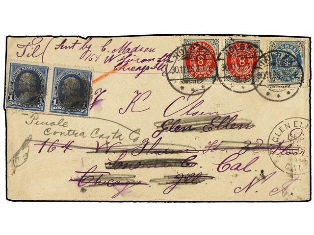 DINAMARCA. 1895. HOLBEK To GLEN ELLEN. 4 Ore Blue And 8 Ore Red And Green. Redirected To Chicago With Two USA Stamps Of - Autres & Non Classés