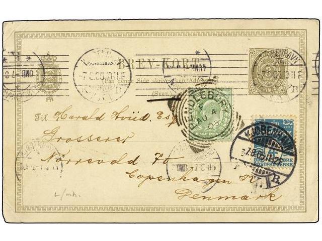 DINAMARCA. 1905. PENDLEBURY (Great Britain) To COPENHAGEN (Denmark). Danish 3 Ore Grey Card Uprated With 4 Ore Blue Stam - Autres & Non Classés