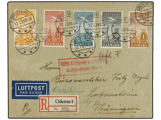 DINAMARCA. Yv.A 6/10. 1934. SONDERBORG To GERMANY. Complete Set On Air Mail Cover, Arrival On Back. - Autres & Non Classés