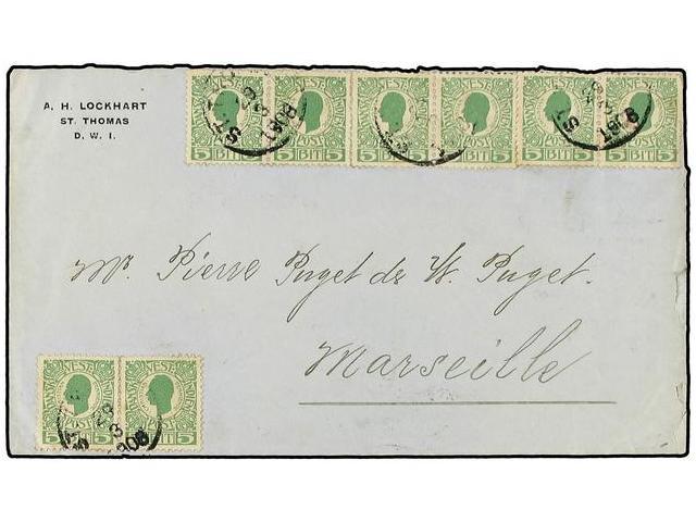 ANTILLAS DANESAS. 1908 (March 29). Cover From ST. THOMAS To MARSEILLE Franked By 1905 5b. Green (8 Examples) Tied By ST. - Otros & Sin Clasificación