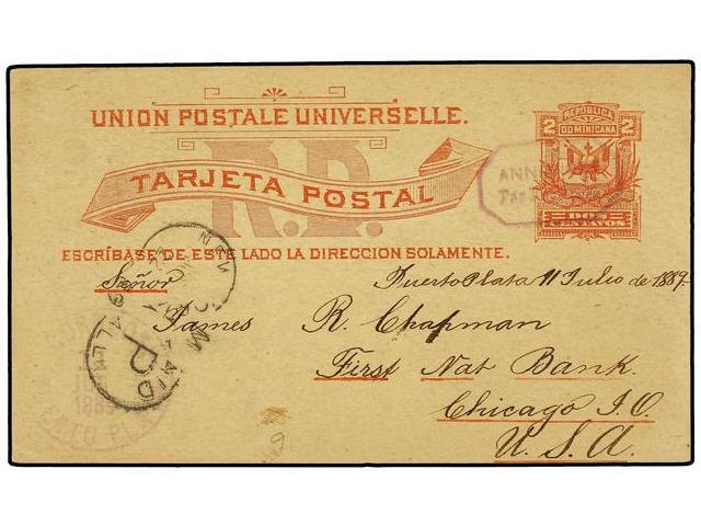 REPUBLICA DOMINICANA. 1885. PUERTO PLATA A USA. Entero Postal De 2 Ctvos. Rojo, Curioso Matasellos Octogonal Que No Hemo - Autres & Non Classés