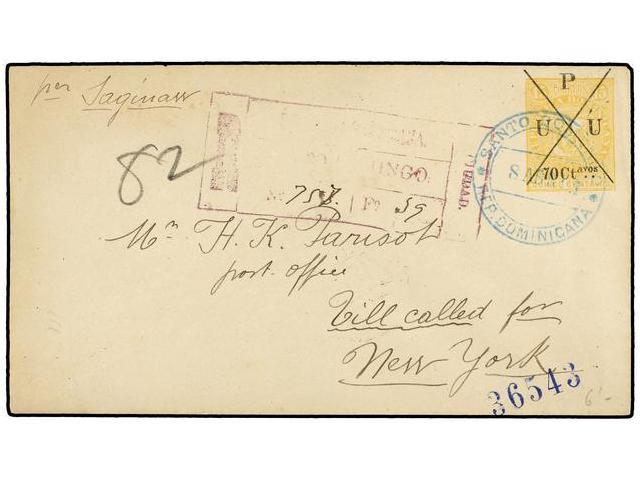 REPUBLICA DOMINICANA. 1891. SANTO DOMINGO A USA. Entero Postal De 70 Ctvos. S. 15 Ctvos. Amarillo, Circulado Por Correo - Autres & Non Classés