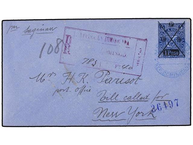 REPUBLICA DOMINICANA. 1891. SANTO DOMINGO A NEW YORK. Entero Postal De 1 Peso S. 5 Ctvos. Azul Circulado Por Correo Cert - Altri & Non Classificati