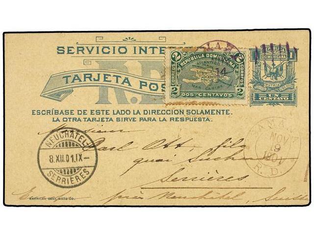 REPUBLICA DOMINICANA. Sc.114. 1901. SAMANA A SUIZA. Entero Postal De 1 Ctvo. Verde Con Franqueo Adicional De 2 Ctvos. Ve - Autres & Non Classés