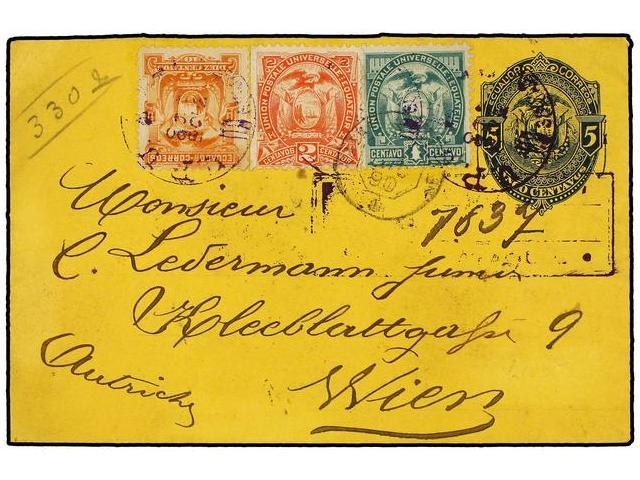 ECUADOR. Sc.15, 19, 20. 1890. GUAYAQUIL A AUSTRIA. Entero Postal De 5 Ctvos. Azul Con Franqueo Adicional De 1 Ctvo. Verd - Autres & Non Classés