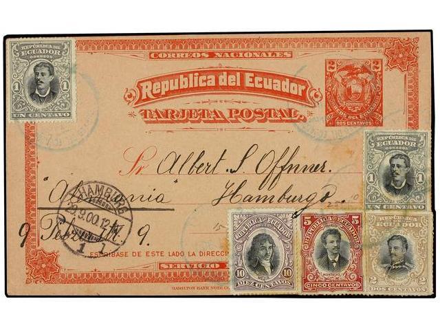 ECUADOR. 1900. GUAYAQUIL A ALEMANIA. Entero Postal De 2 Ctvos. Rojo Con Franqueo Adicional De 1 Ctvo. (2), 2 Cts., 5 Cts - Autres & Non Classés