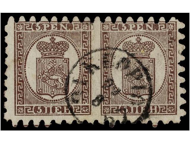 ° FINLANDIA. Mi.5Bx. 1866. 5 P. Brown-lilac, Pair. Slight Short Perforation On The Left Margin. Michel.+760&euro;. - Autres & Non Classés