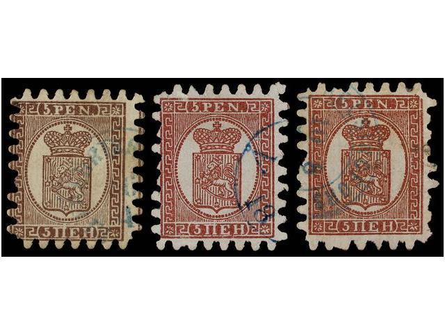 ° FINLANDIA. Mi.5Bx, 5Bz (2). 1866. 5 P.  Brown-lilac. Three Stamps, Some Short Perforations. Michel.980&euro;. - Autres & Non Classés