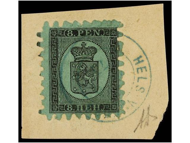 FINLANDIA. Mi.6Bz. 1866. 8 P. Black On Green On Piece. VERY FINE. Michel.+320&euro;. - Autres & Non Classés