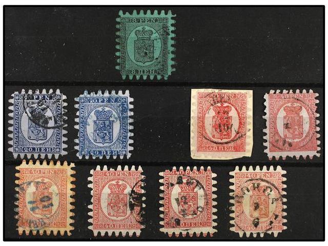 ° FINLANDIA. Mi.6Cx, 8Cx (2), 9Bx (2), 9 Cx (4). 1866. Lot Of Nine Stamps, Some Short Perforations. Michel.1.110&euro;. - Autres & Non Classés