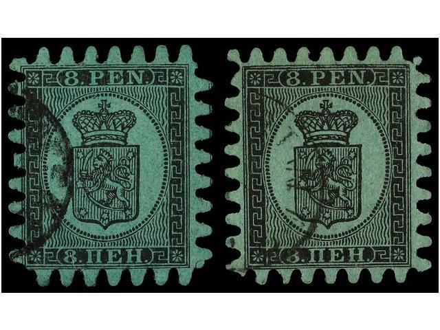 ° FINLANDIA. Mi.6Cx (2). 1866. 8 P. Black On Green. Two Stamps. Michel.500&euro;. - Autres & Non Classés