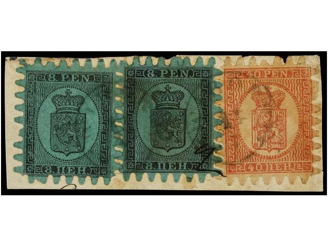 FINLANDIA. Mi.6Cx (2) + 9Cx. 1866. 8 P. Black On Green (2) (two Different Shades) And 40 P. Rose On Piece. Fine And Very - Autres & Non Classés