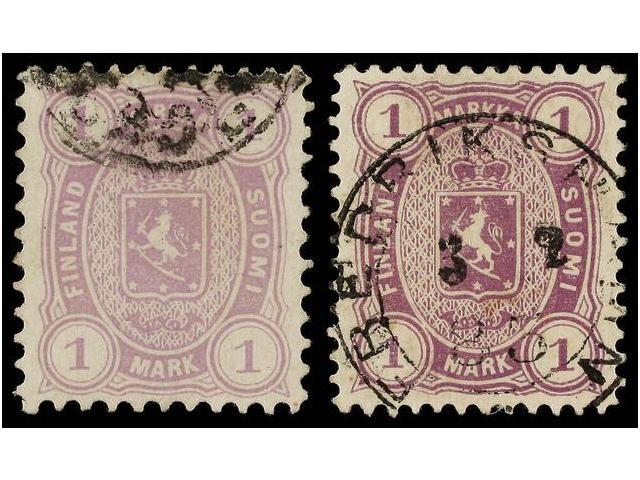 ° FINLANDIA. Mi.19Ay, 19 By. 1877-82. 1 Mk. Lilac. Two Stamps, Perf. 11 And 12 1/2. VERY FINE. Michel.205&euro;. - Other & Unclassified