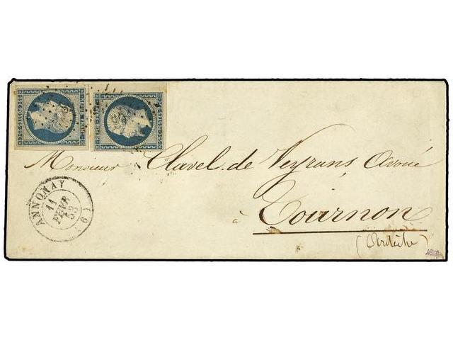 FRANCIA. Yv.10 (2). 1853. ANNONAY A TOURNON. 25 Cts. Azul (2), Margenes Excepcionales. MAGNÍFICA. - Autres & Non Classés