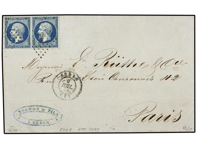 FRANCIA. Yv.14d (2). 1855. SEDAN A PARÍS. 20 Cts. Azul S. Verde, Dos Sellos. MAGNÍFICA. F. CALVES Y BRUN. - Autres & Non Classés