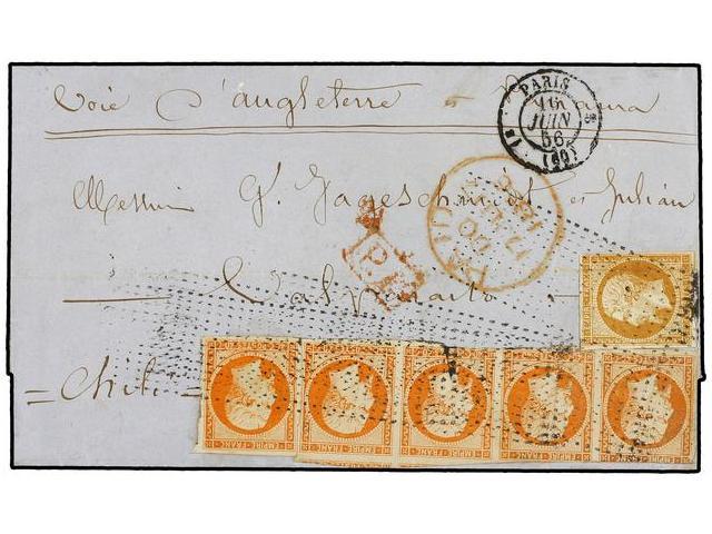 FRANCIA. Yv.13, 16 (5). 1856. PARÍS A VALPARAISO (Chile). 10 Cts. Bistre Y 40 Cts. Naranja (tira De Cuatro Mas Uno) Comp - Autres & Non Classés