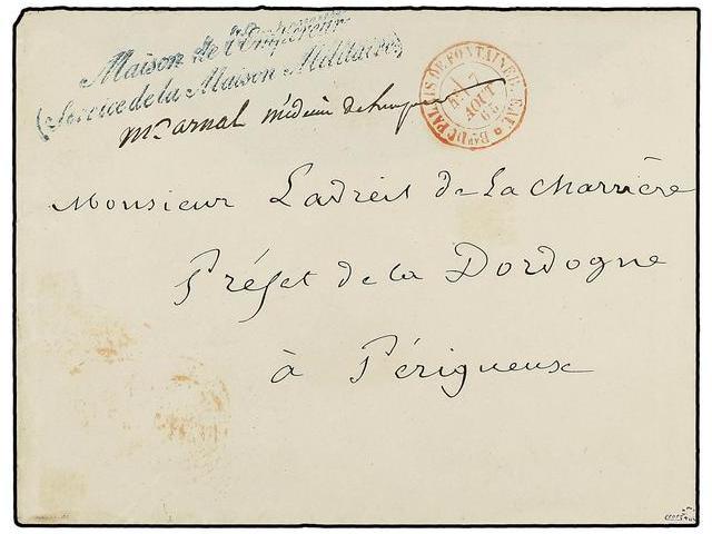 FRANCIA. 1865. Envelope To PERIGUEUX With BAU. DE PALAIS DE FONTAINEBLEAU En Red And MAISON DE L´EMPEREUR In Blue. NICE - Autres & Non Classés