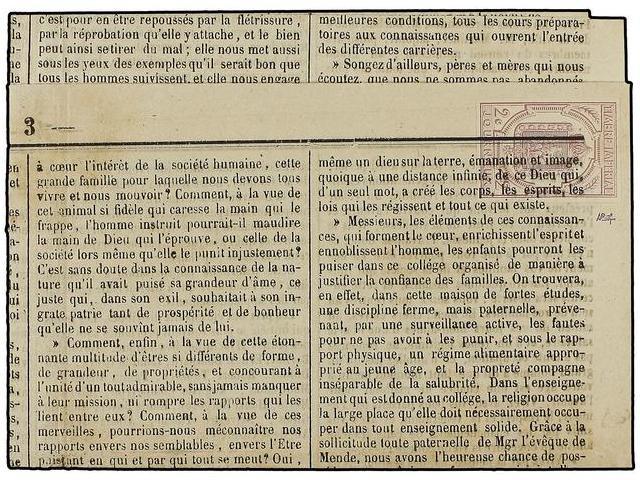 FRANCIA. Yv.P-1. 1869. PERIODICOS.  HOJA DE PERIODICO Franqueado Con Sello De 2 Cts. Lila. - Autres & Non Classés