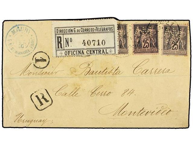 FRANCIA. Yv.97 (3). 1900. PARÍS A MONTEVIDEO (Uruguay). 25 Cts. Negro (3) Con Perforacion ´AM´. Carta Certificada. Al Do - Autres & Non Classés